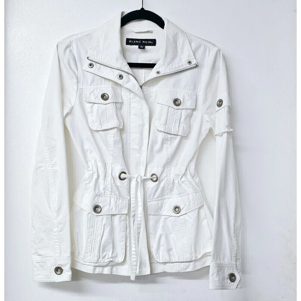Blanc Noir White Anorak Women Lightweight Cargo Coat Jacket Adjustable Waist (S)